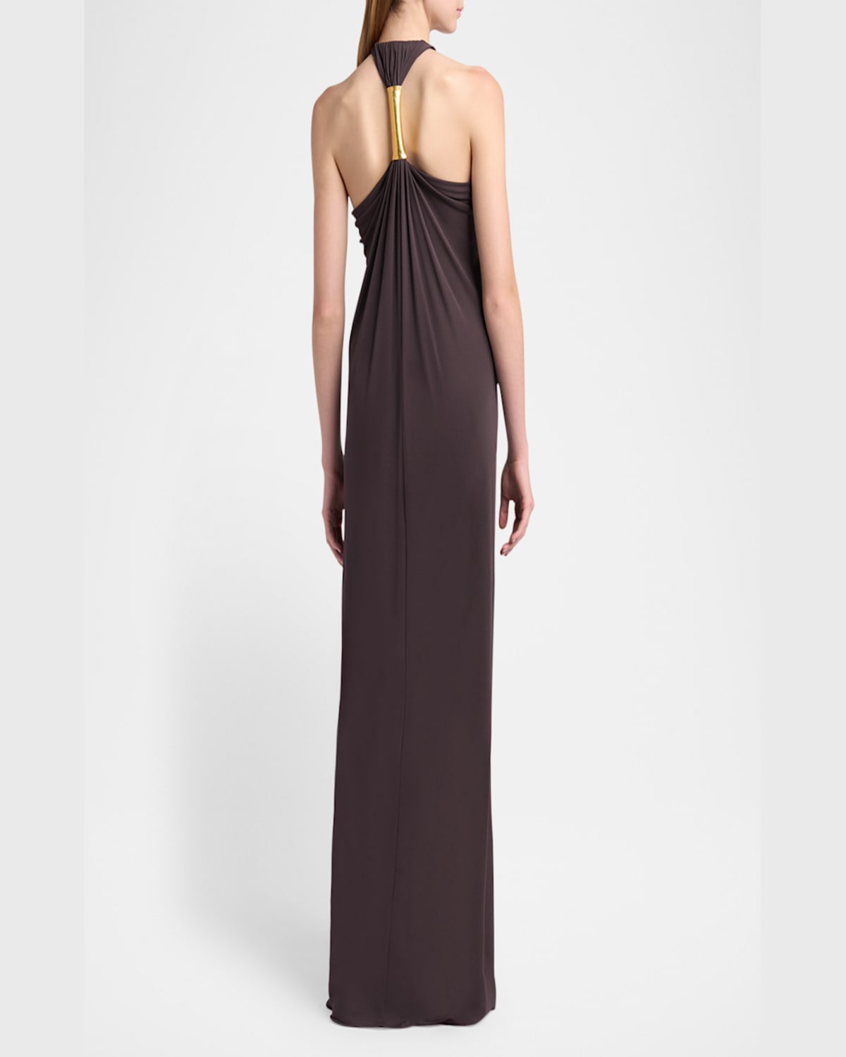 Tom Ford Metal Gathered Halter Evening Dress In Dusty Brow