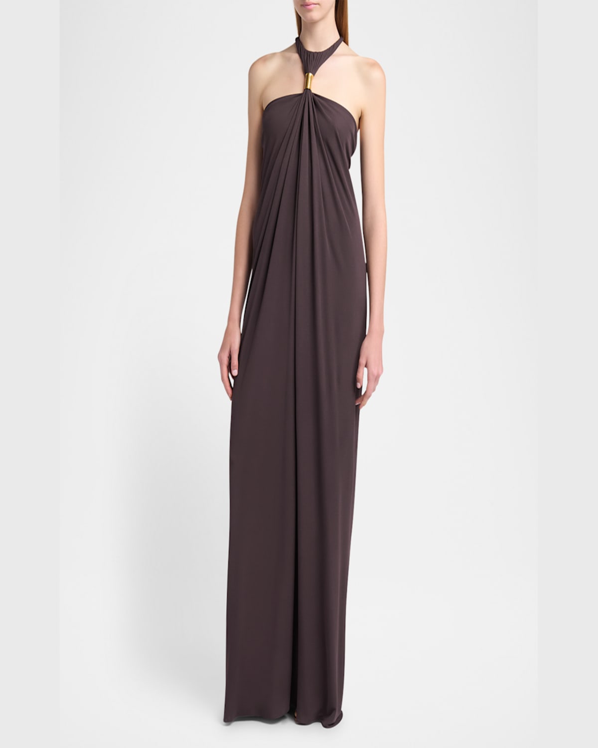 Tom Ford Metal Gathered Halter Evening Dress In Dusty Brow