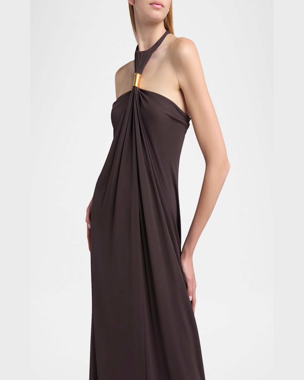 Tom Ford Metal Gathered Halter Evening Dress In Dusty Brow