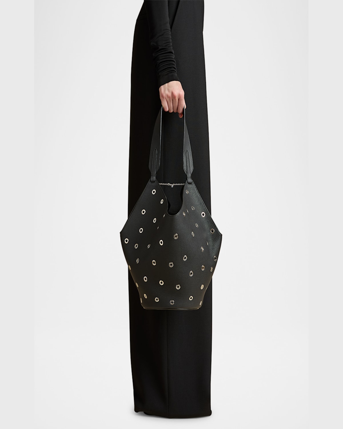 Khaite Lotus Small Tote Black Pebbled Leather With Grommets In Black