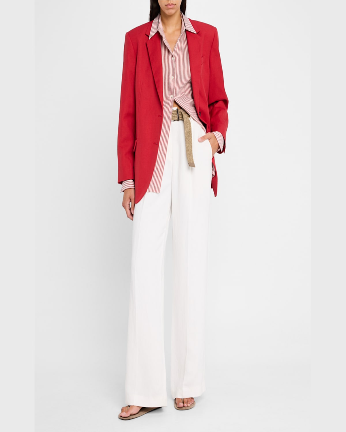 Brunello Cucinelli Stripe Button Down Linen Shirt With Piping Collar In C006 White Bordeaux