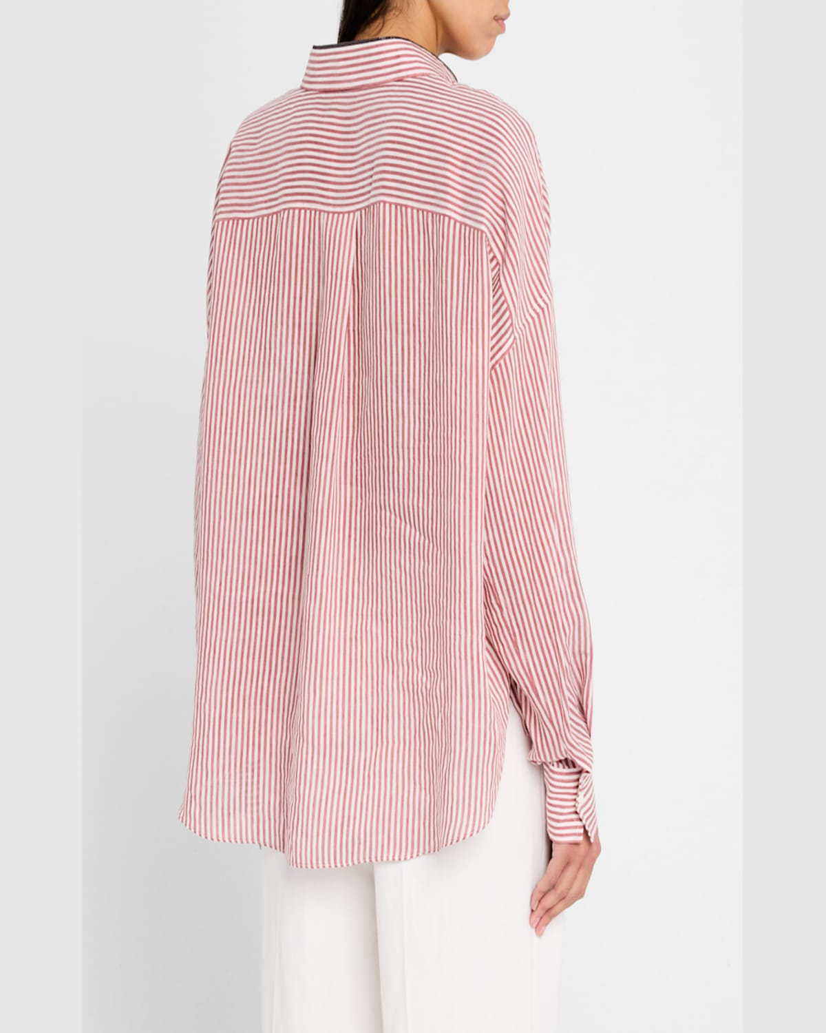 Brunello Cucinelli Stripe Button Down Linen Shirt With Piping Collar In C006 White Bordeaux