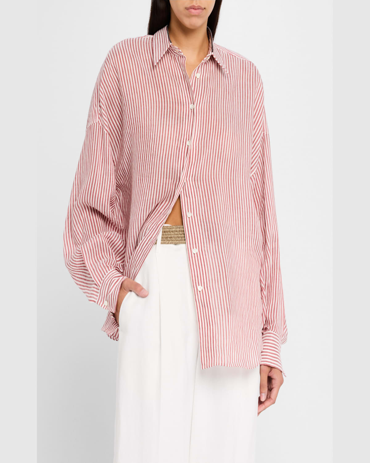 Brunello Cucinelli Stripe Button Down Linen Shirt With Piping Collar In C006 White Bordeaux