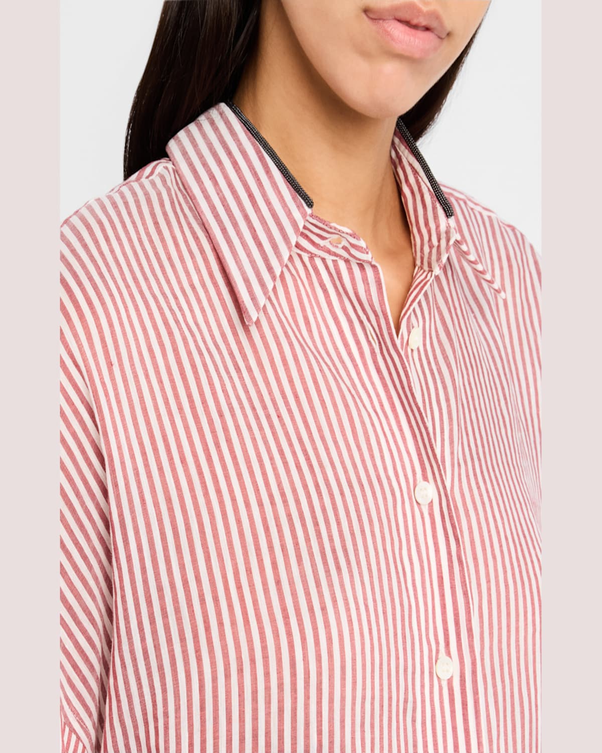 Brunello Cucinelli Stripe Button Down Linen Shirt With Piping Collar In C006 White Bordeaux