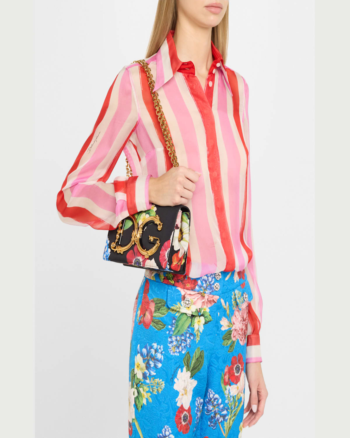 Dolce & Gabbana Dg Girls Floral Flap Chain Crossbody Bag In Black Pink