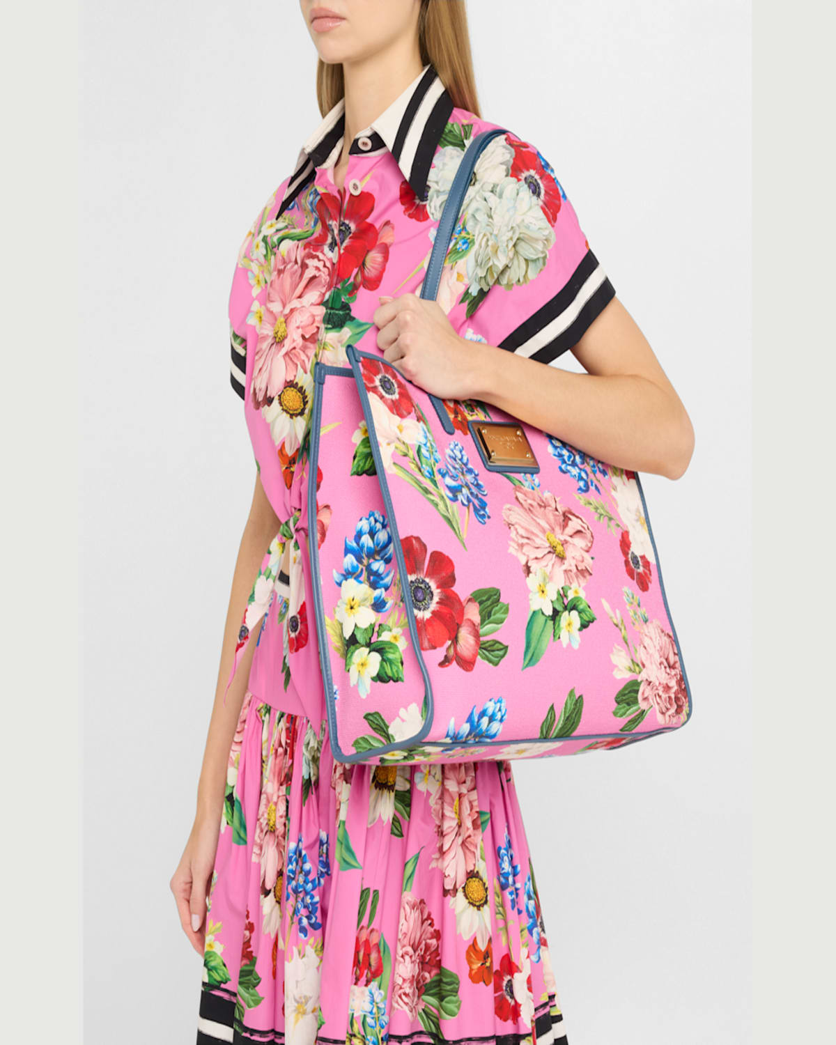 Dolce & Gabbana Floral Canvas Tote Bag In Pink