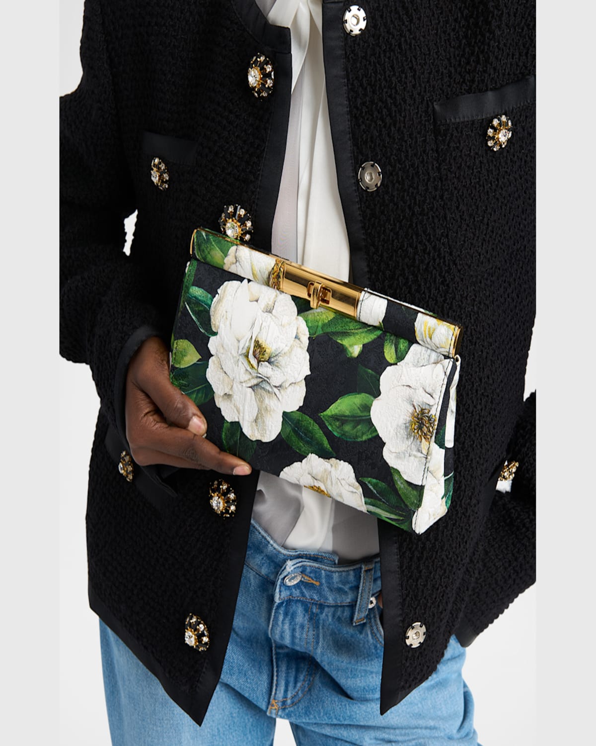 Dolce & Gabbana Marlene Small Flower-print Clutch Bag In Gardenia Nero