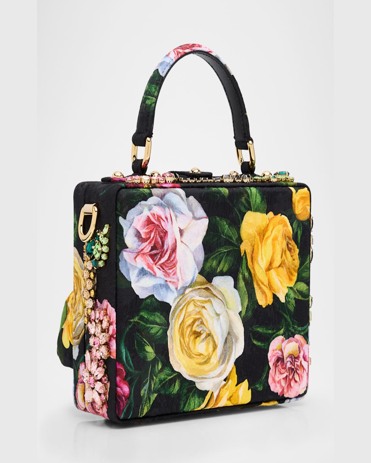 Dolce & Gabbana Flower Brocade Embellished Box Top-handle Bag In Peonie Rose Nero
