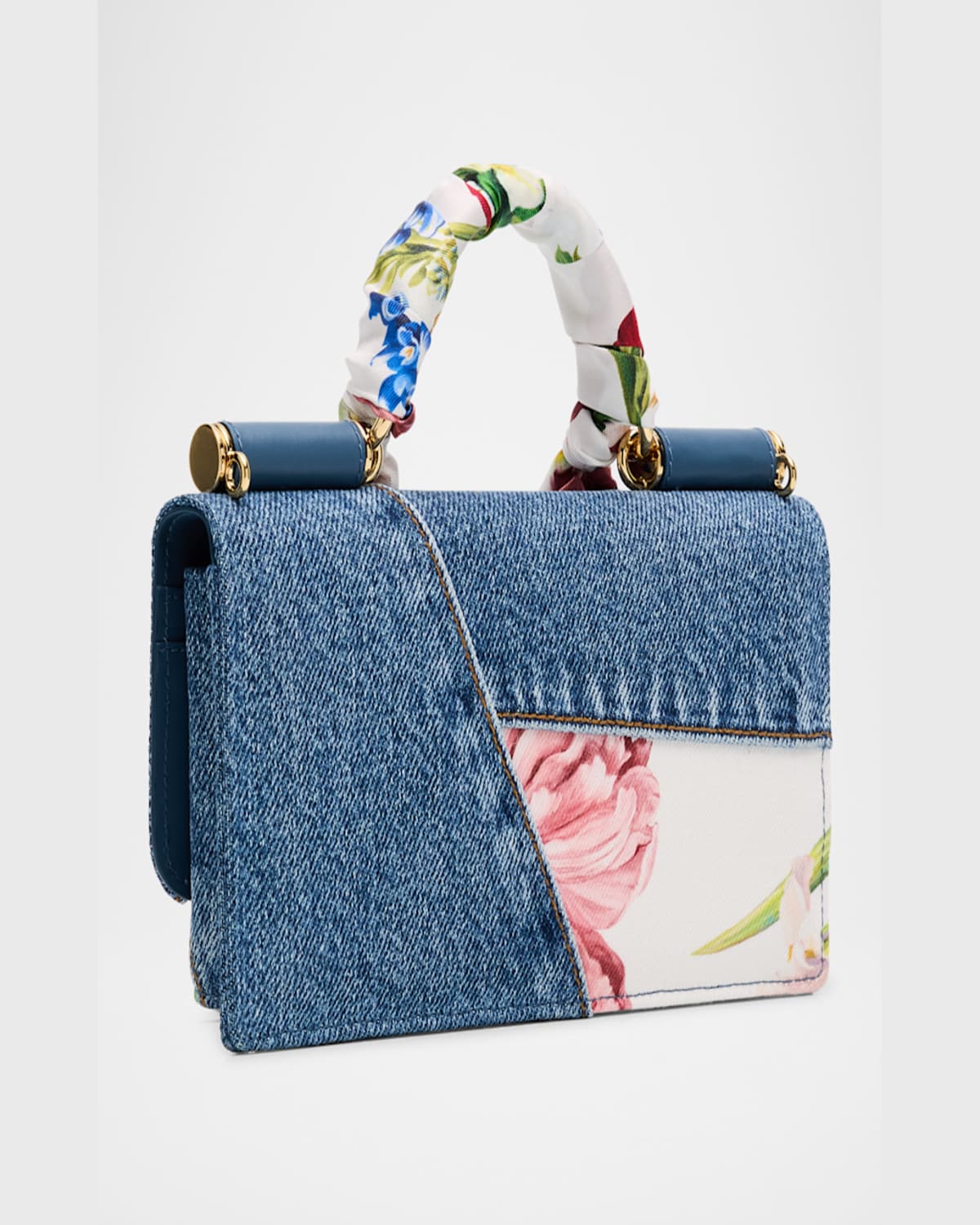 Dolce & Gabbana Sicily Floral Denim Wallet On Chain In White Denim