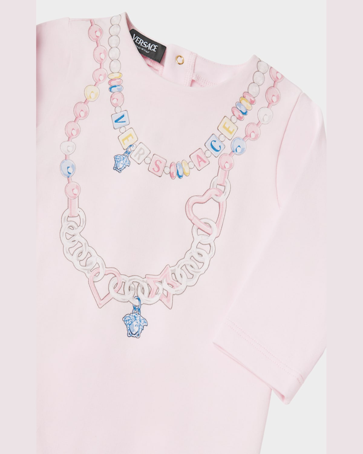 Versace Girl's Logo-print Necklace Graphic Coverall In Newborn Pink Multi