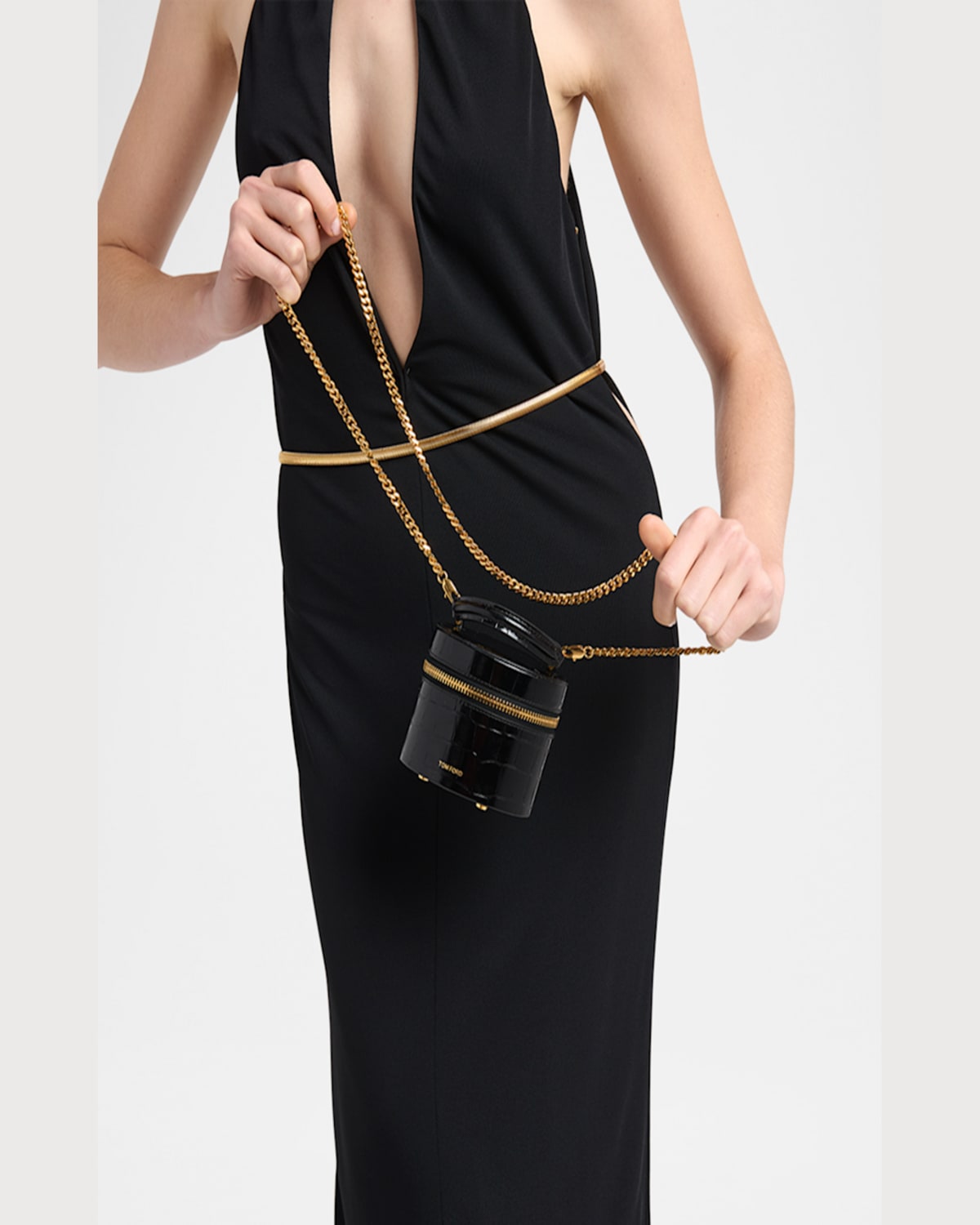 Tom Ford Audrey Mini Bucket Bag In Shiny Croc-printed Leather In Black
