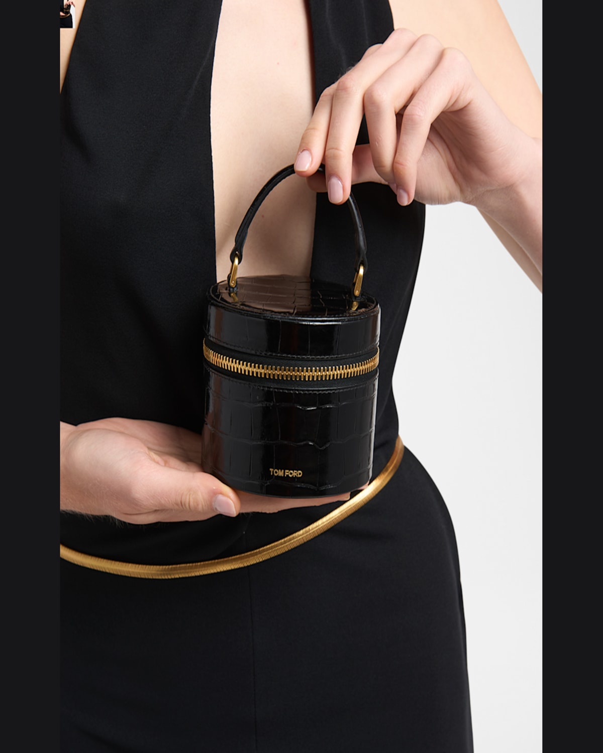 Tom Ford Audrey Mini Bucket Bag In Shiny Croc-printed Leather In Black