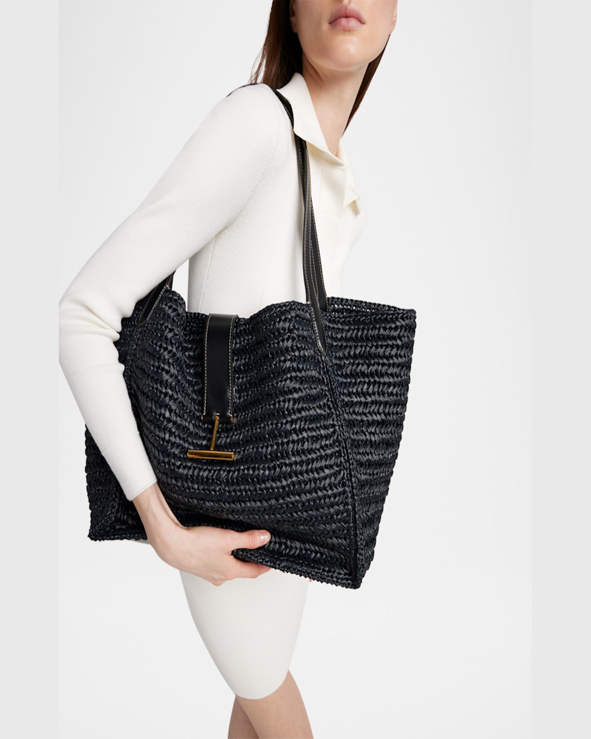 TOM FORD TARA LARGE TOTE BAG IN RAFFIA VISCOSE AND LEATHER 