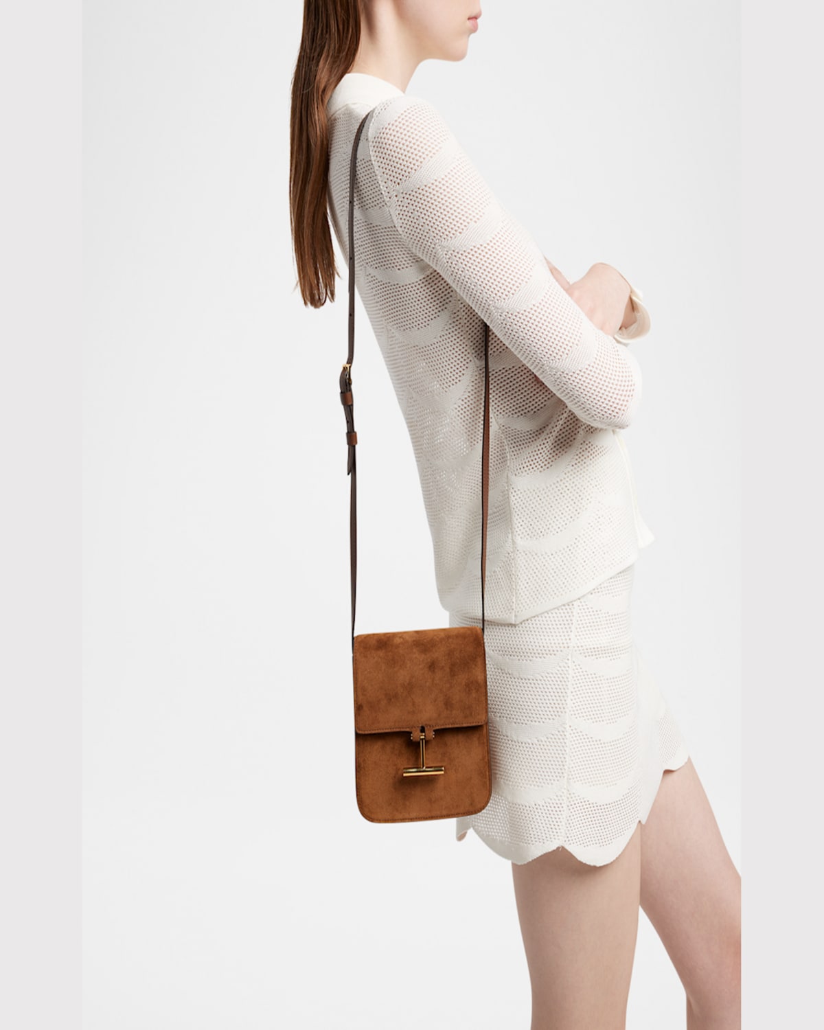 Tom Ford Tara Mini Flap Crossbody Bag In Suede In Whisky