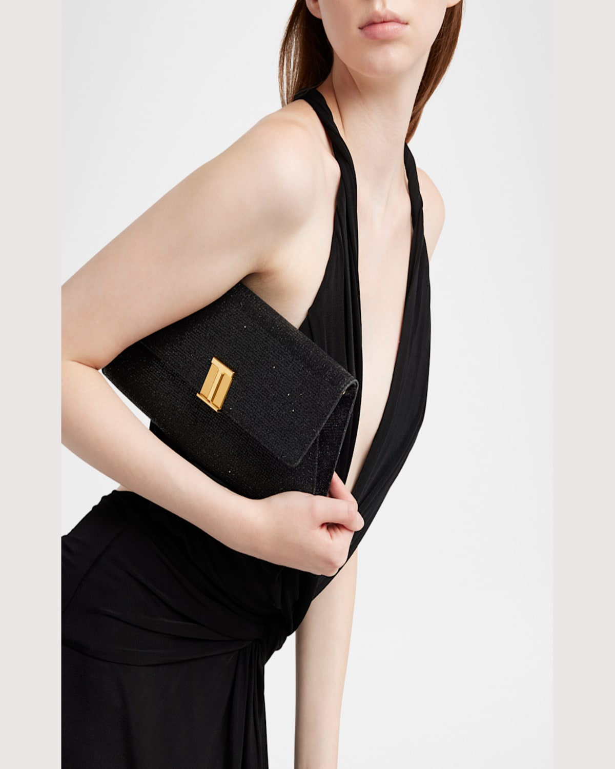 Tom Ford Nobile Flap Clutch Bag In Glitter Textured Fabric In Black
