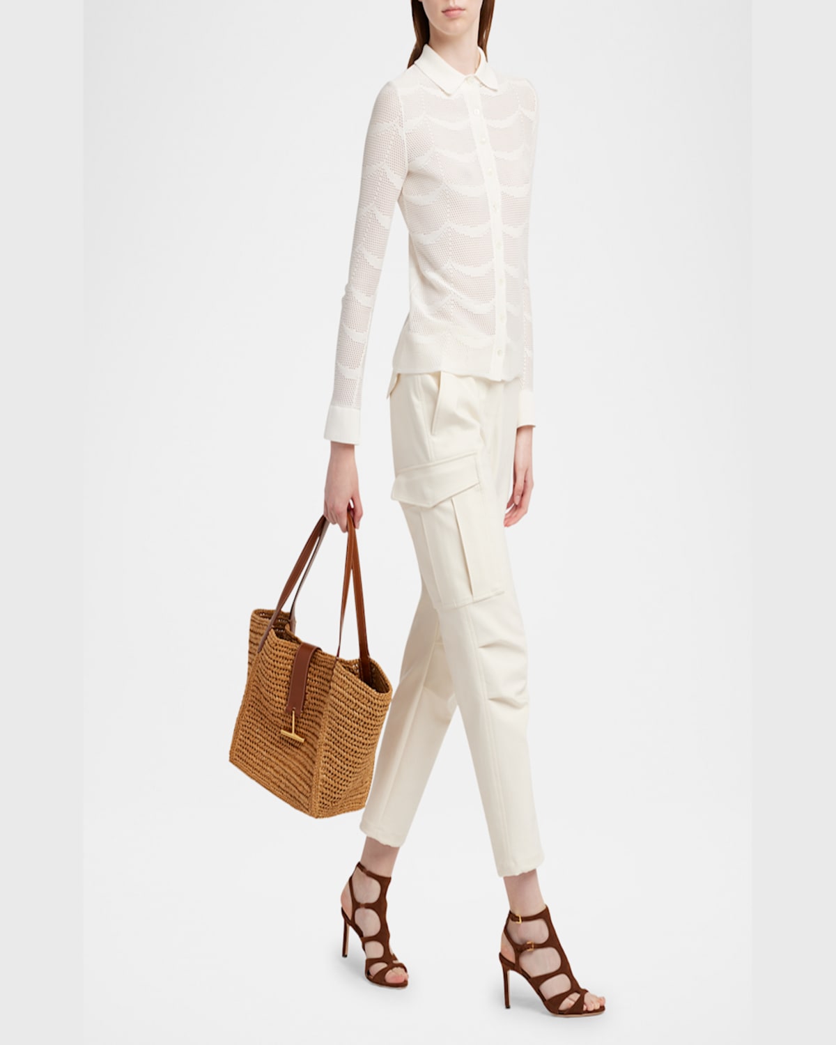 TOM FORD TARA MEDIUM TOTE BAG IN RAFFIA VISCOSE AND LEATHER 