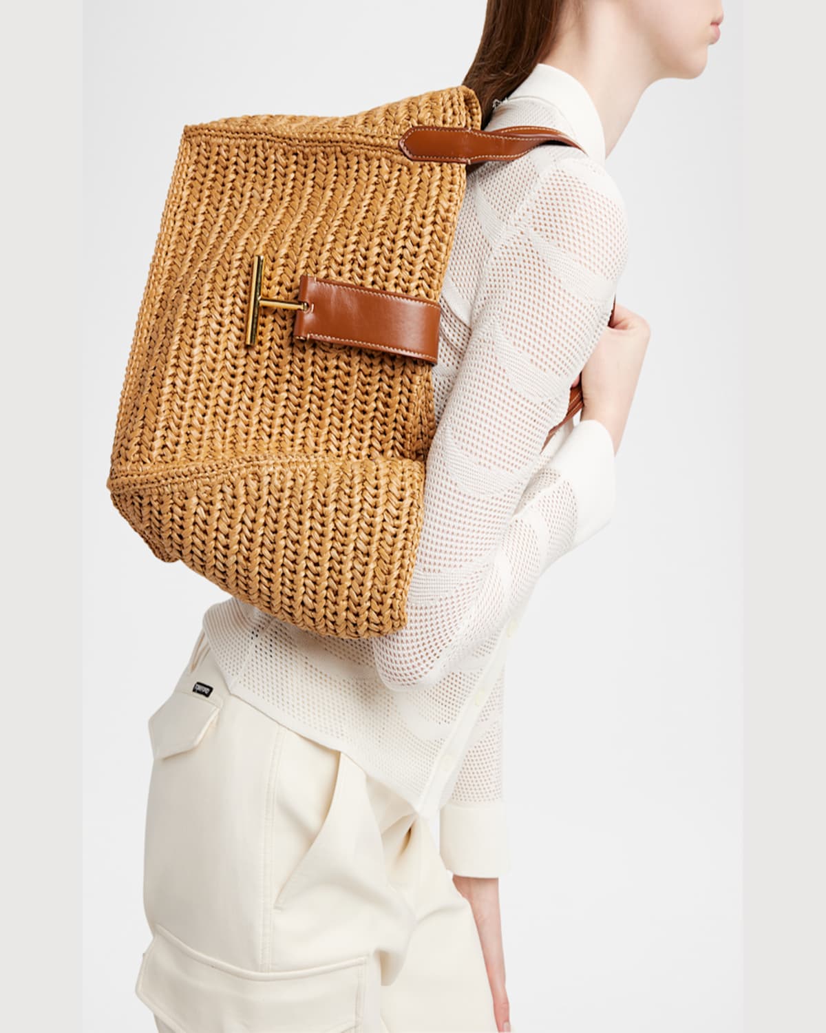TOM FORD TARA MEDIUM TOTE BAG IN RAFFIA VISCOSE AND LEATHER 