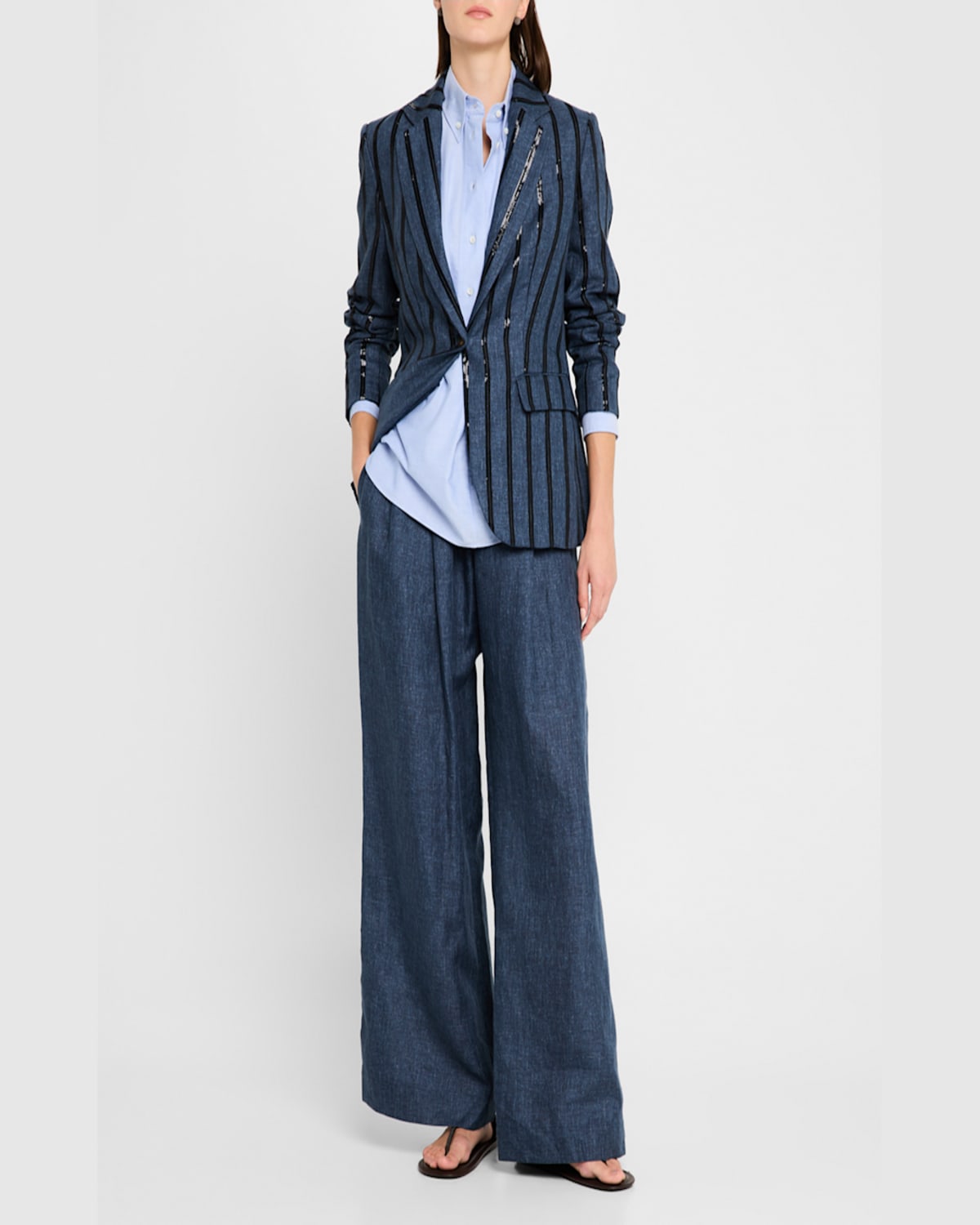 Brunello Cucinelli Paillette Striped Denim-effect Linen Single-breasted Blazer In Denim Blue