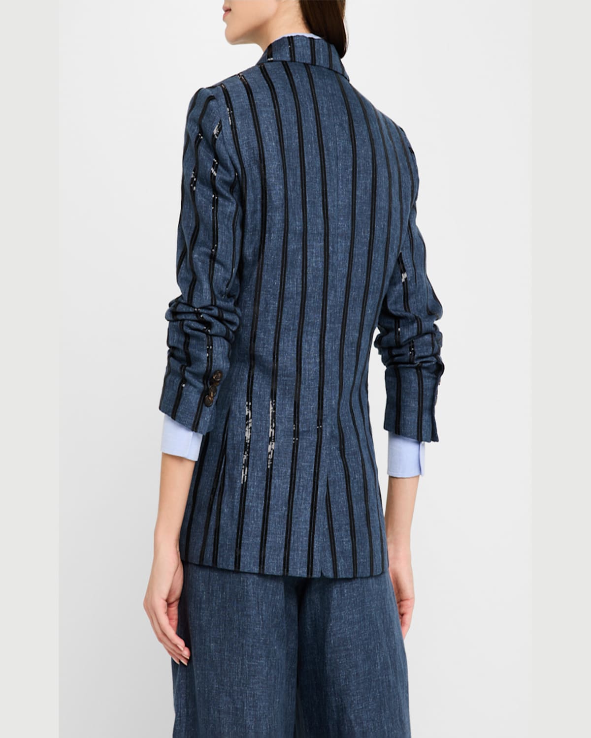 Brunello Cucinelli Paillette Striped Denim-effect Linen Single-breasted Blazer In Denim Blue