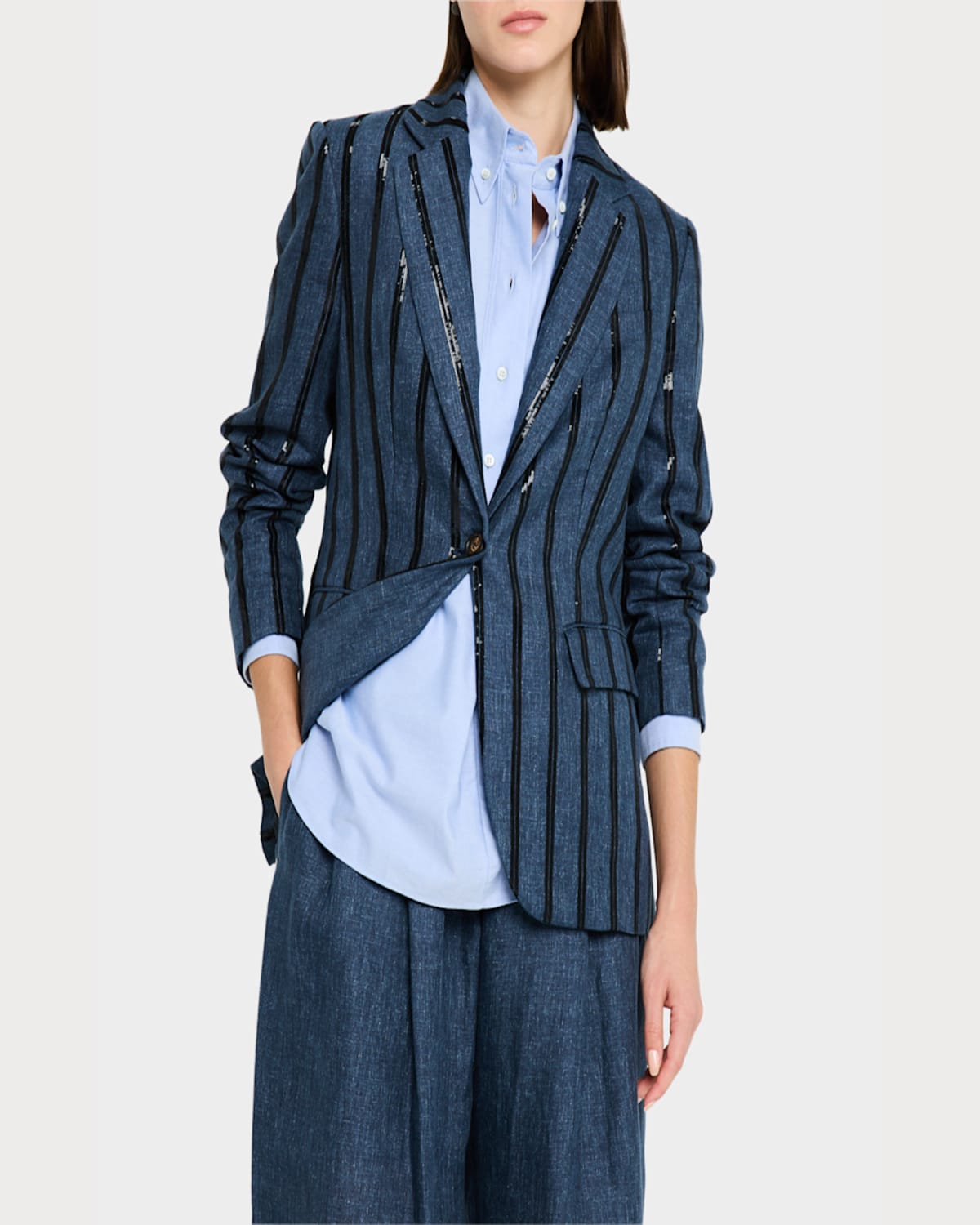 Brunello Cucinelli Paillette Striped Denim-effect Linen Single-breasted Blazer In Denim Blue