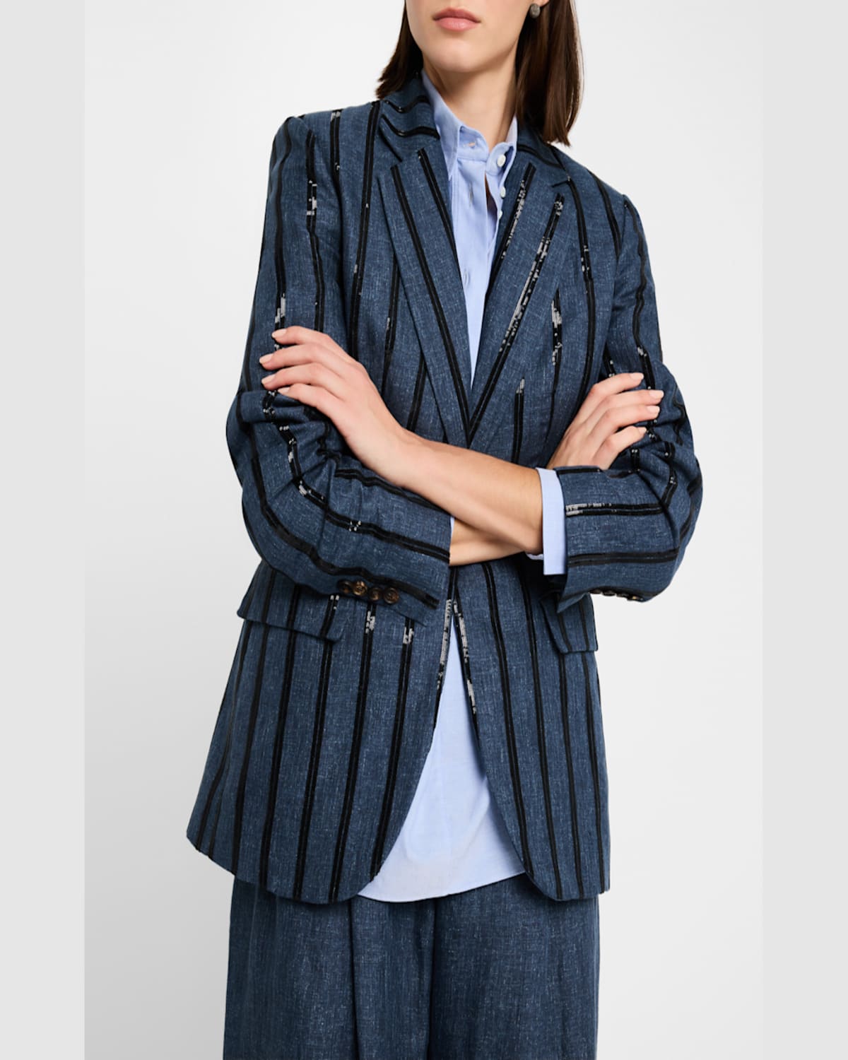 Brunello Cucinelli Paillette Striped Denim-effect Linen Single-breasted Blazer In Denim Blue