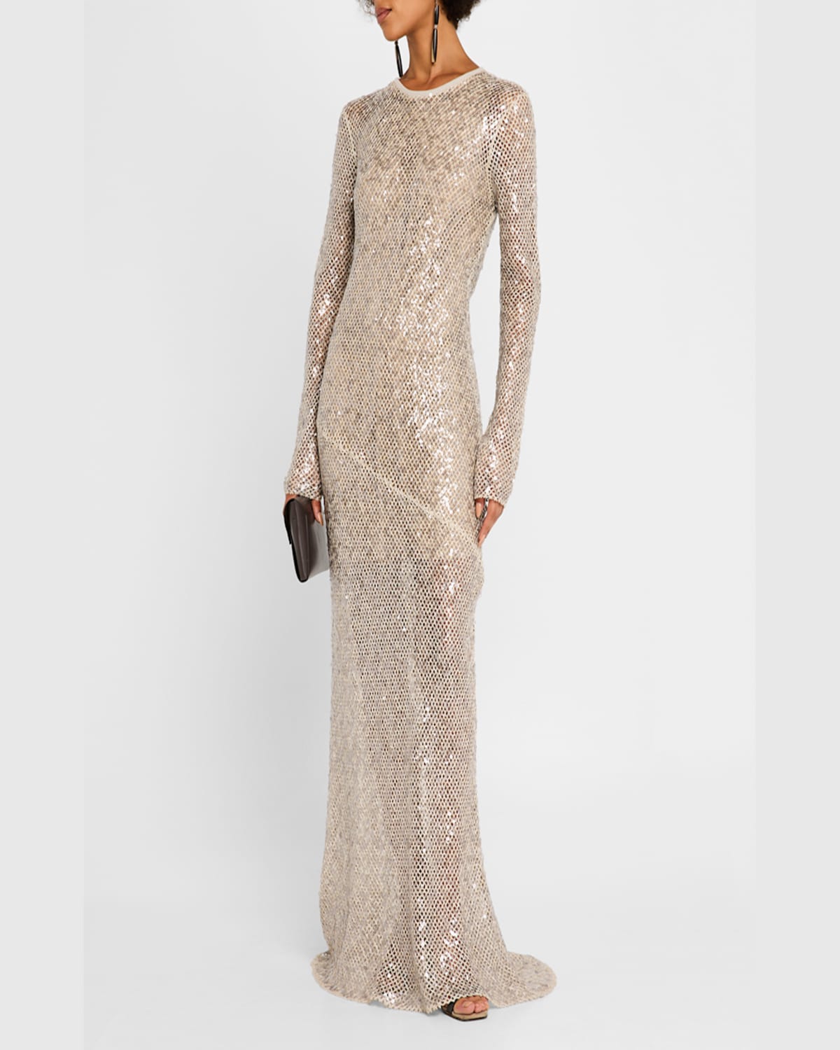 Brunello Cucinelli Paillette Net Knit Long-sleeve Maxi Dress In Beige