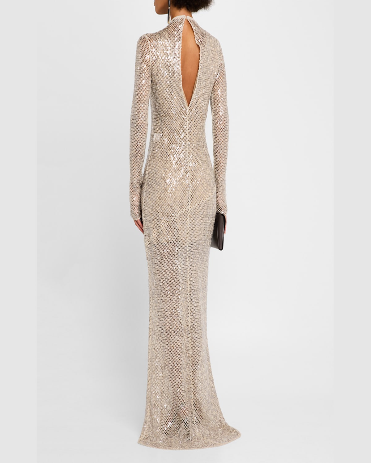 Brunello Cucinelli Paillette Net Knit Long-sleeve Maxi Dress In Beige