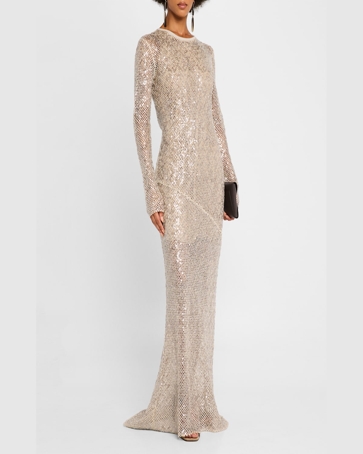 Brunello Cucinelli Paillette Net Knit Long-sleeve Maxi Dress In Beige