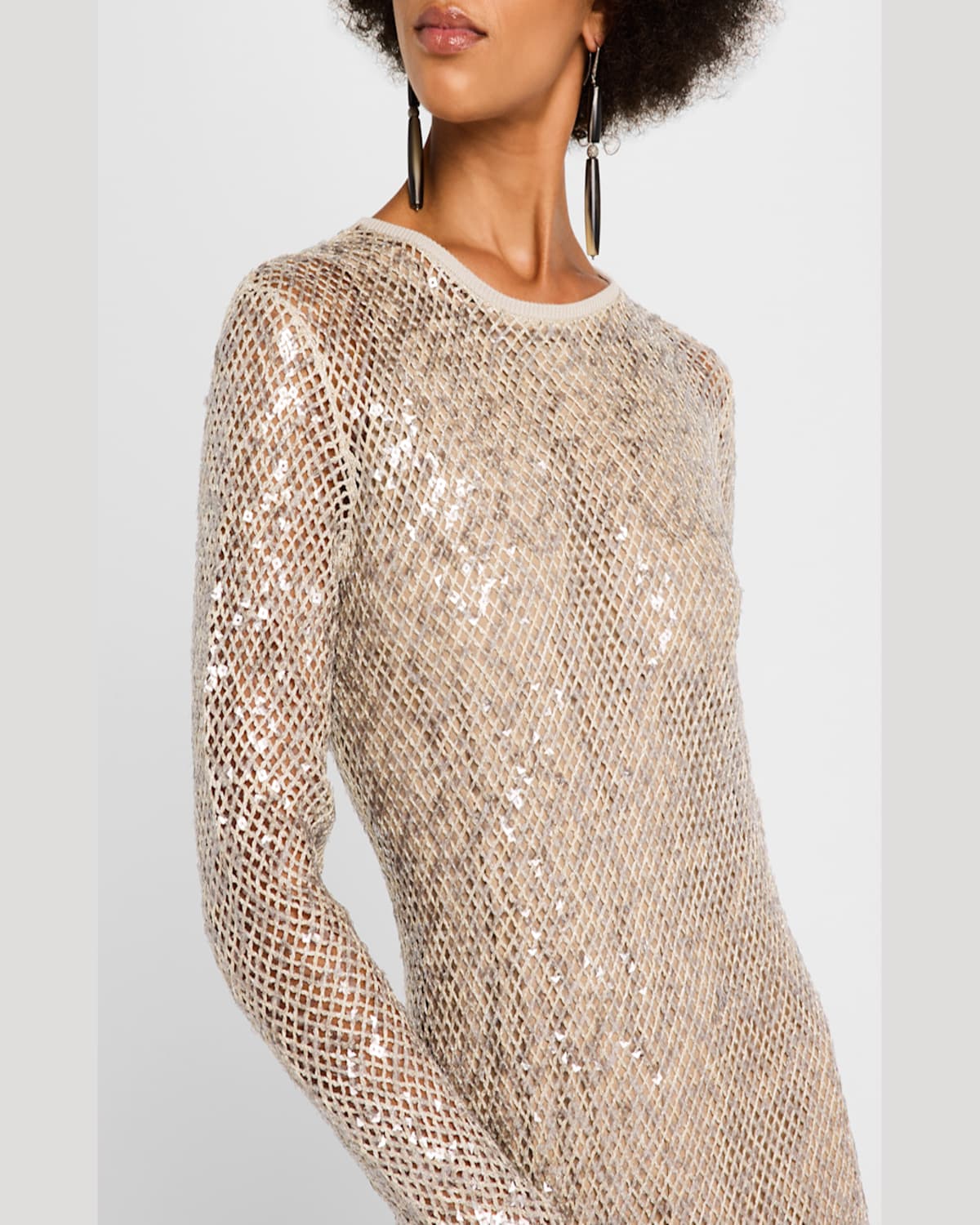 Brunello Cucinelli Paillette Net Knit Long-sleeve Maxi Dress In Beige