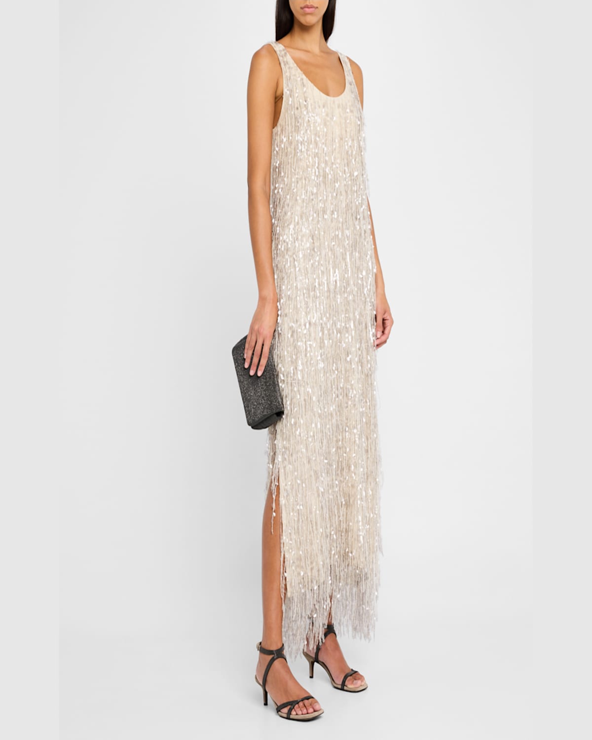 Brunello Cucinelli Sequin Waterfall Crispy Silk Maxi Dress In C2869 Pearl