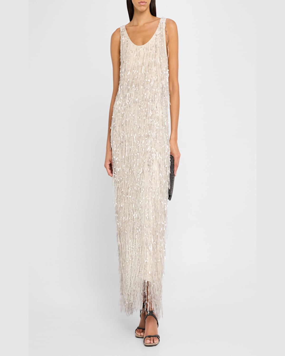 Brunello Cucinelli Sequin Waterfall Crispy Silk Maxi Dress In C2869 Pearl