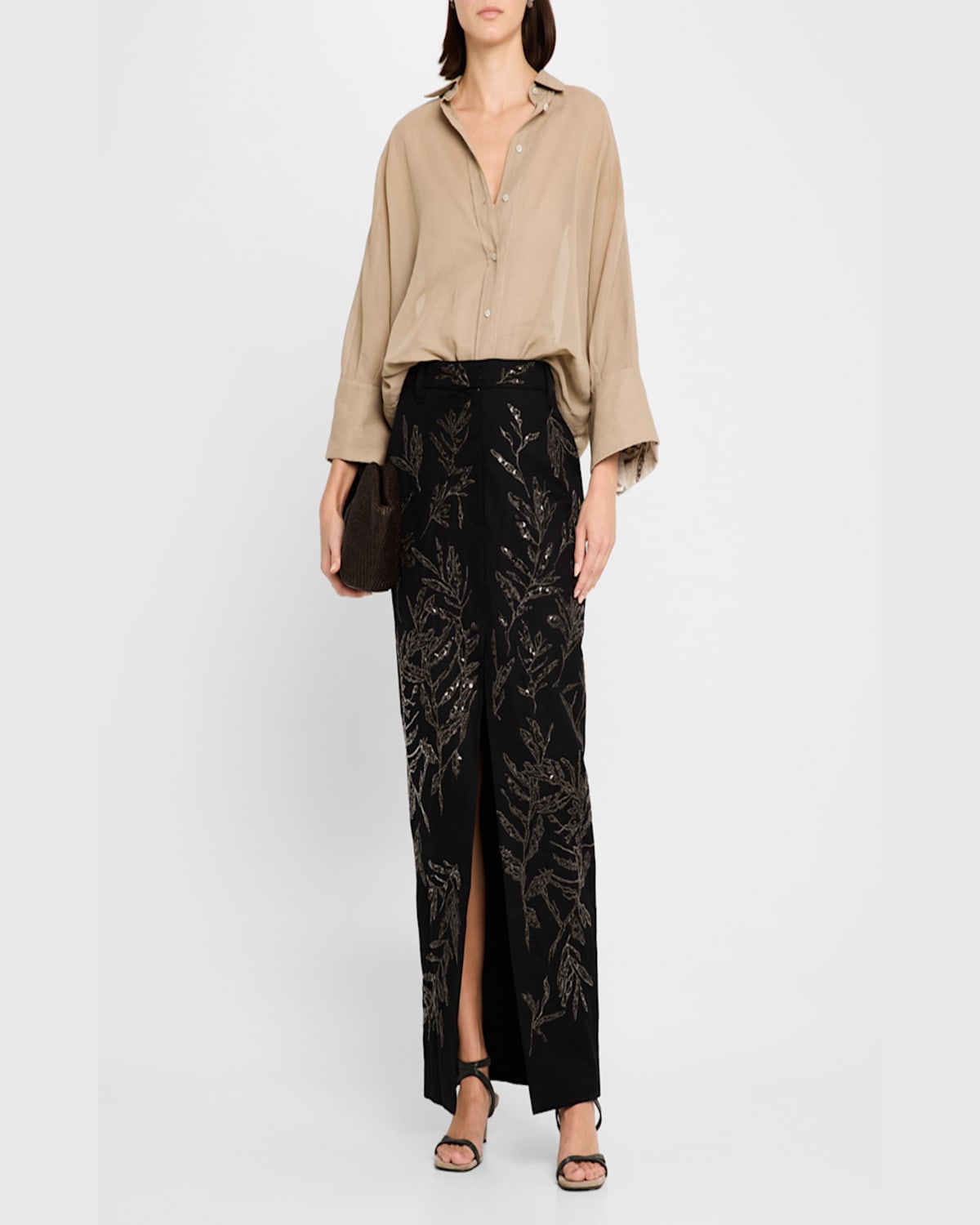 Brunello Cucinelli Herbarium-embroidered Chino Maxi Trouser Skirt In C101 Black