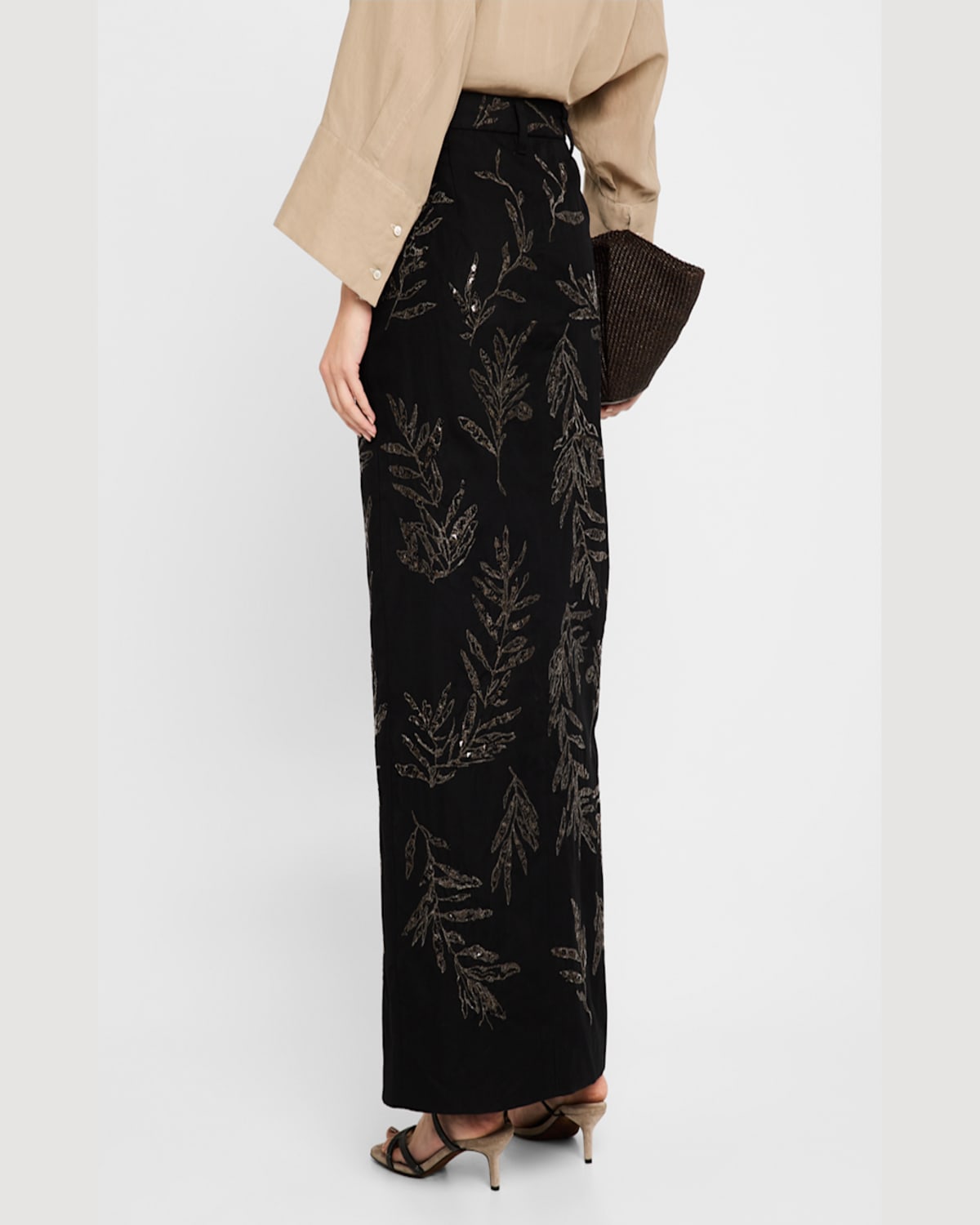 Brunello Cucinelli Herbarium-embroidered Chino Maxi Trouser Skirt In C101 Black