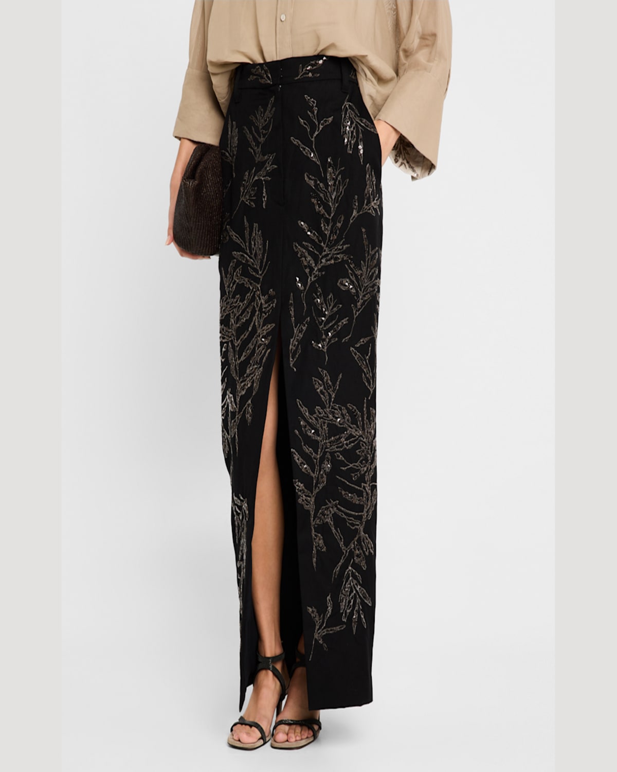 Brunello Cucinelli Herbarium-embroidered Chino Maxi Trouser Skirt In C101 Black