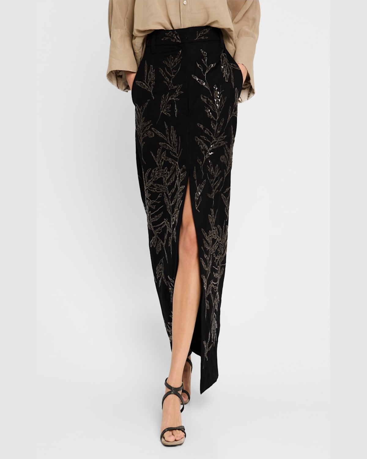 Brunello Cucinelli Herbarium-embroidered Chino Maxi Trouser Skirt In C101 Black