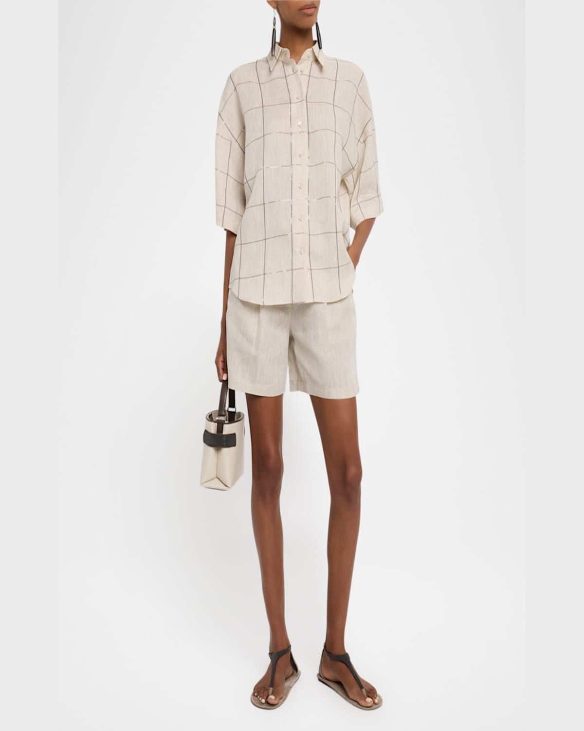 BRUNELLO CUCINELLI PAILLETTE CHECK LIGHT LINEN BUTTON-DOWN SHIRT 