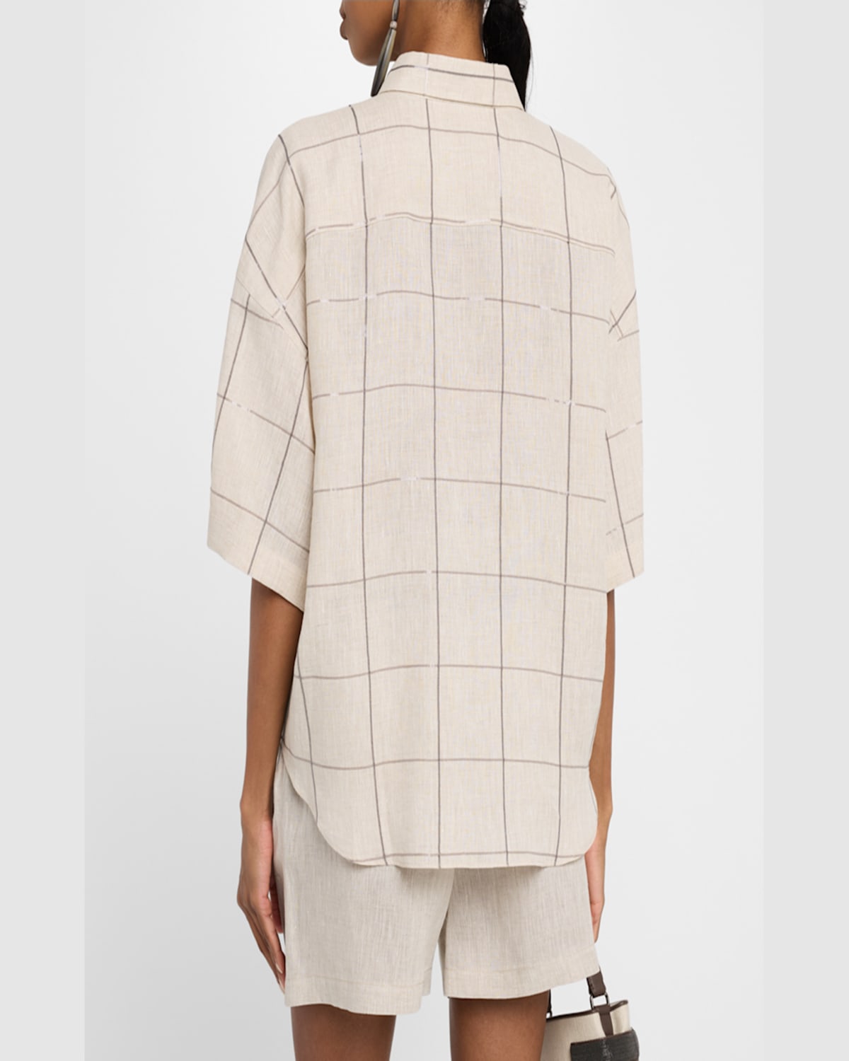 BRUNELLO CUCINELLI PAILLETTE CHECK LIGHT LINEN BUTTON-DOWN SHIRT 