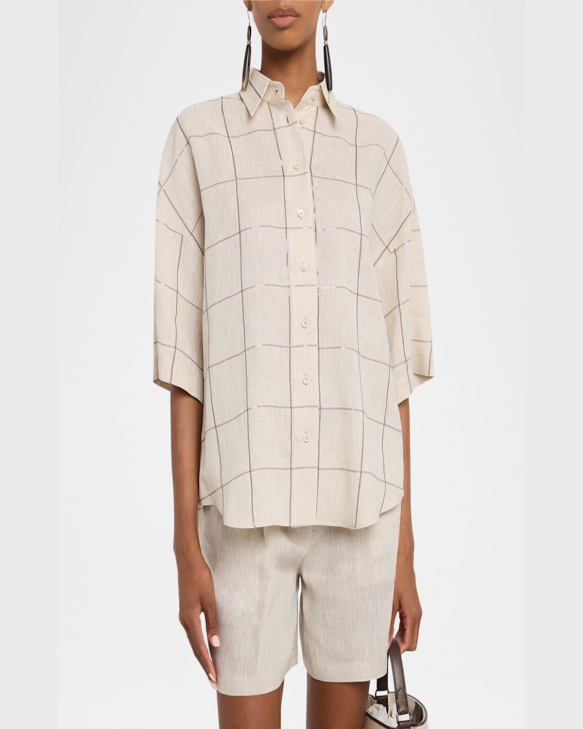 BRUNELLO CUCINELLI PAILLETTE CHECK LIGHT LINEN BUTTON-DOWN SHIRT 