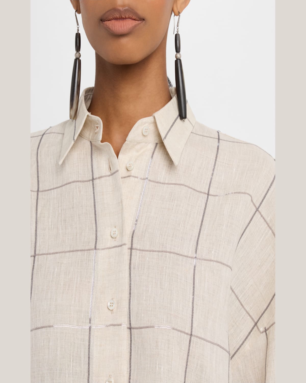 BRUNELLO CUCINELLI PAILLETTE CHECK LIGHT LINEN BUTTON-DOWN SHIRT 