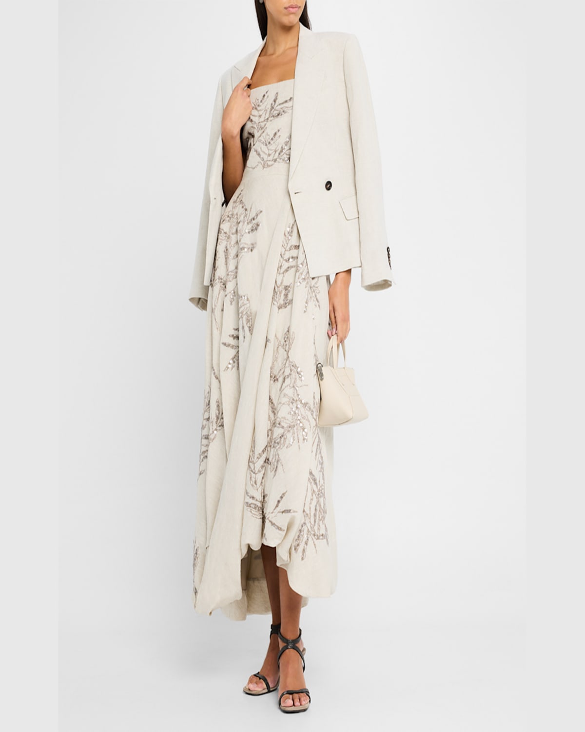 Brunello Cucinelli Herbarium Embroidered Linen Bubble Midi Dress