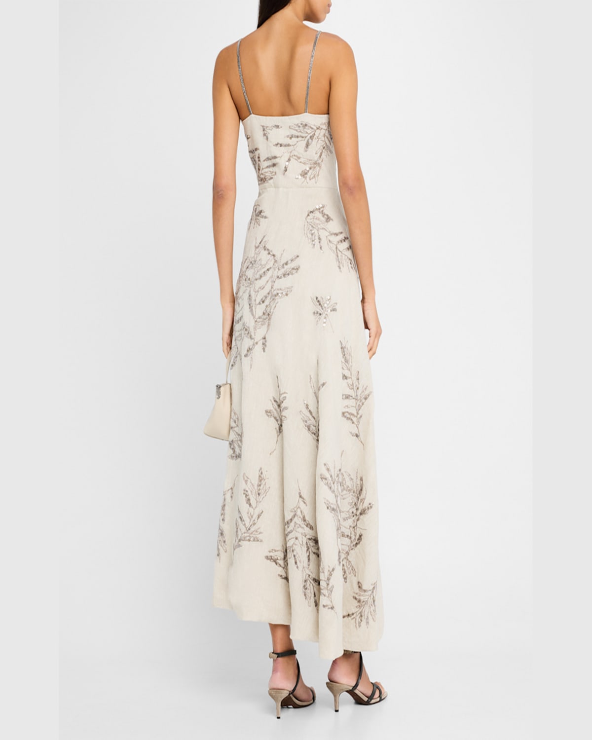 Brunello Cucinelli Herbarium Embroidered Linen Bubble Midi Dress