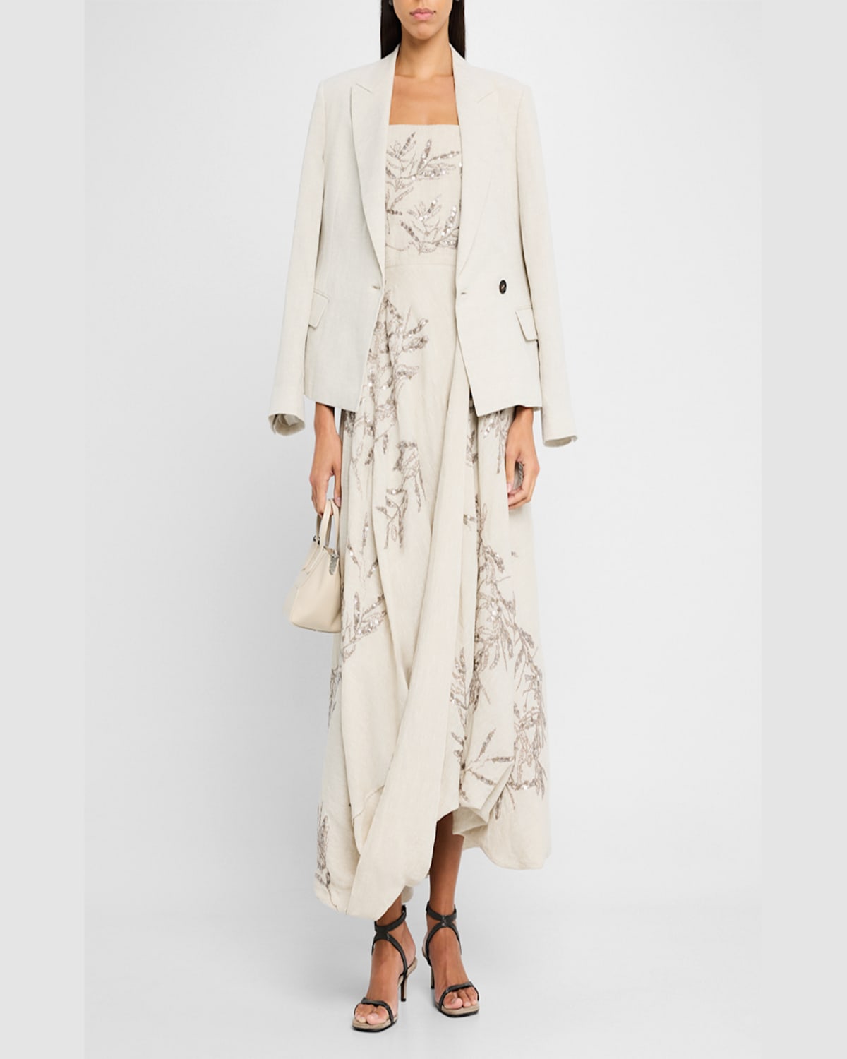 Brunello Cucinelli Herbarium Embroidered Linen Bubble Midi Dress