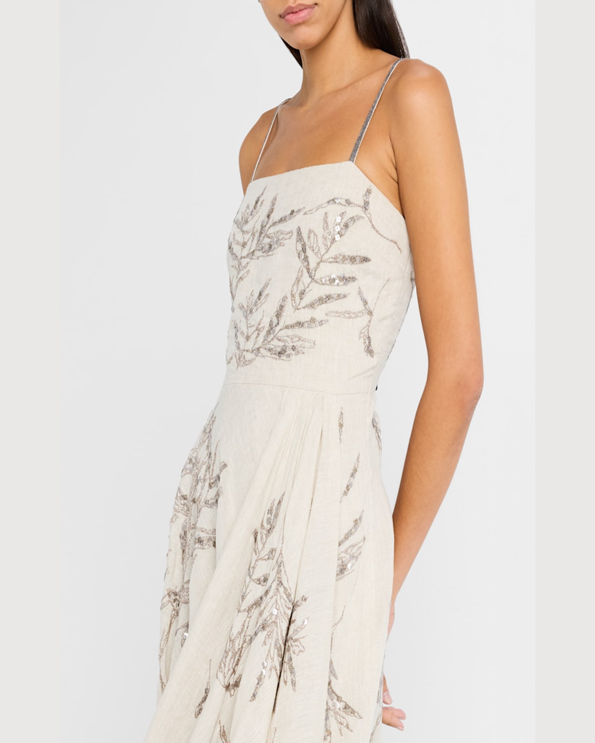 Brunello Cucinelli Herbarium Embroidered Linen Bubble Midi Dress