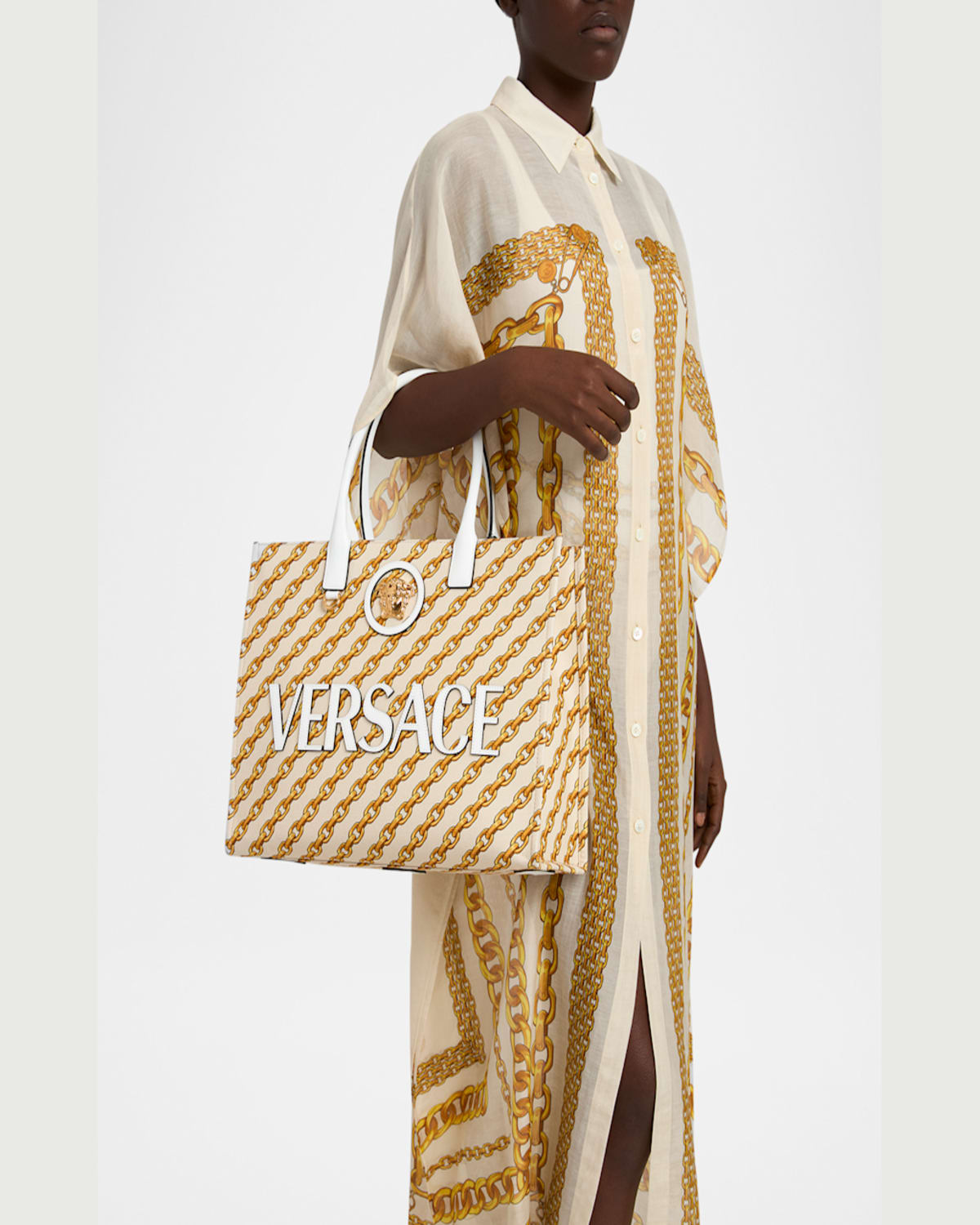 Versace La Medusa Chain-link Canvas Tote Bag In Porcelain White Multicolor