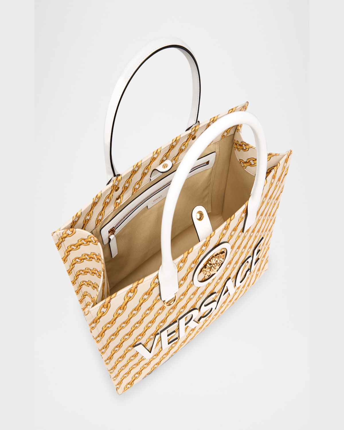 Versace La Medusa Chain-link Canvas Tote Bag In Porcelain White Multicolor