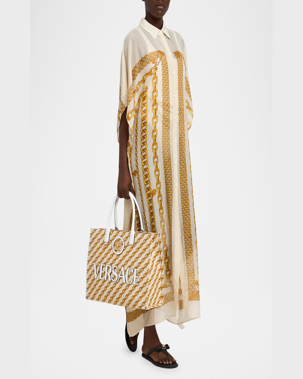 Versace La Medusa Chain-link Canvas Tote Bag In Porcelain White Multicolor