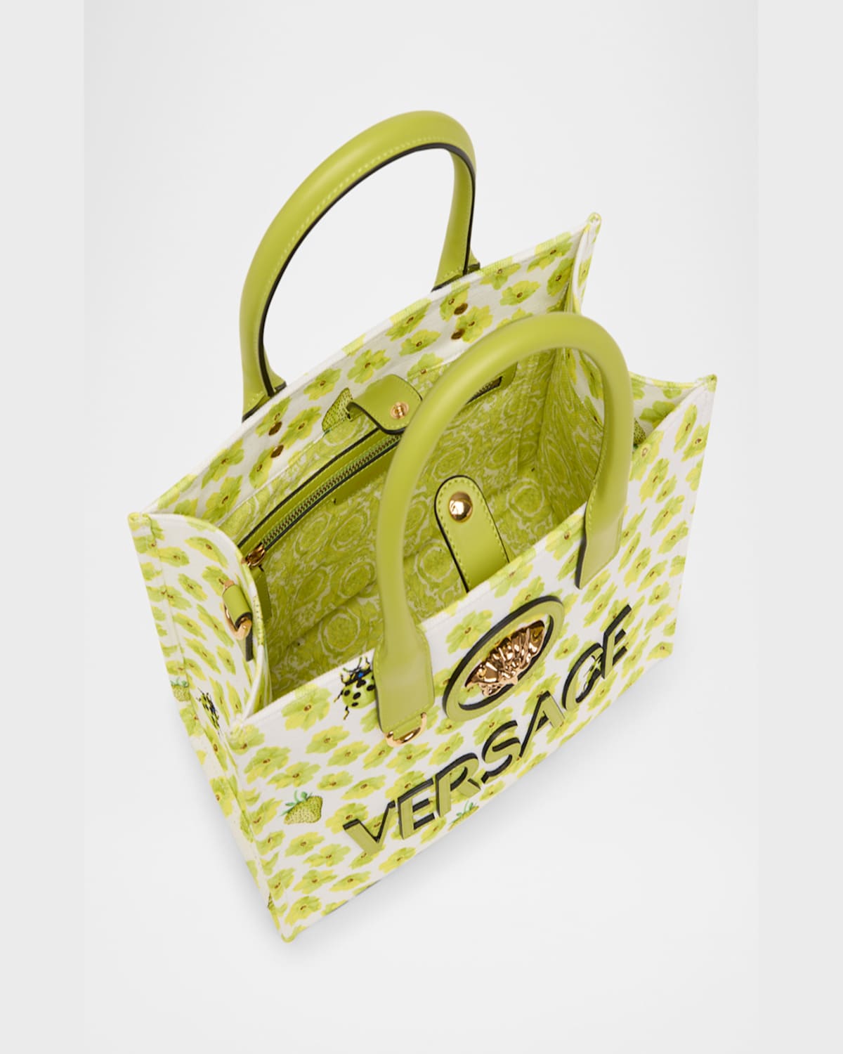Versace La Medusa Small Flower Insect Canvas Tote Bag In Citron Multicolor
