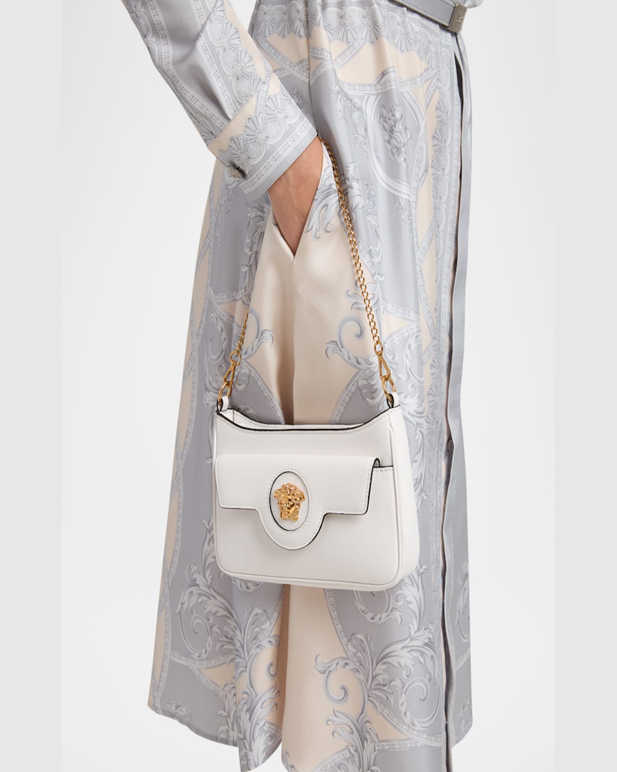 Versace La Medusa Mini Leather Crossbody Bag In Optical-white