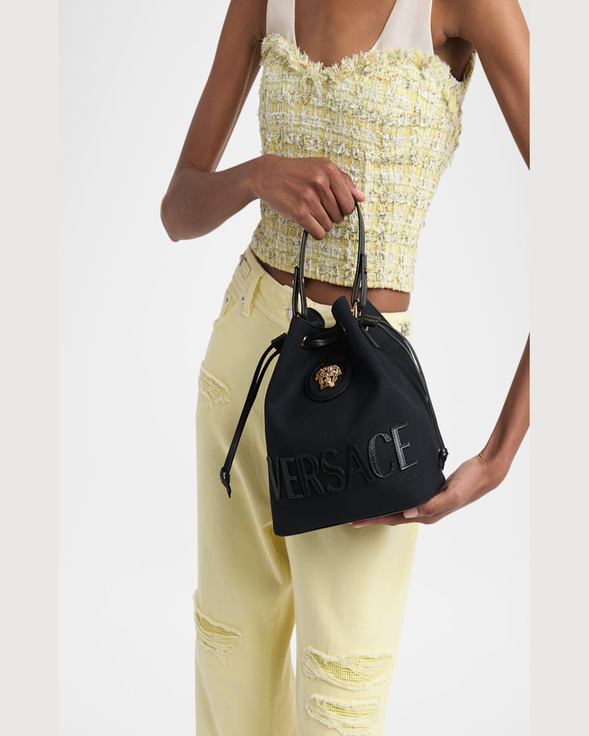 Versace La Medusa Drawstring Canvas Bucket Bag In Black