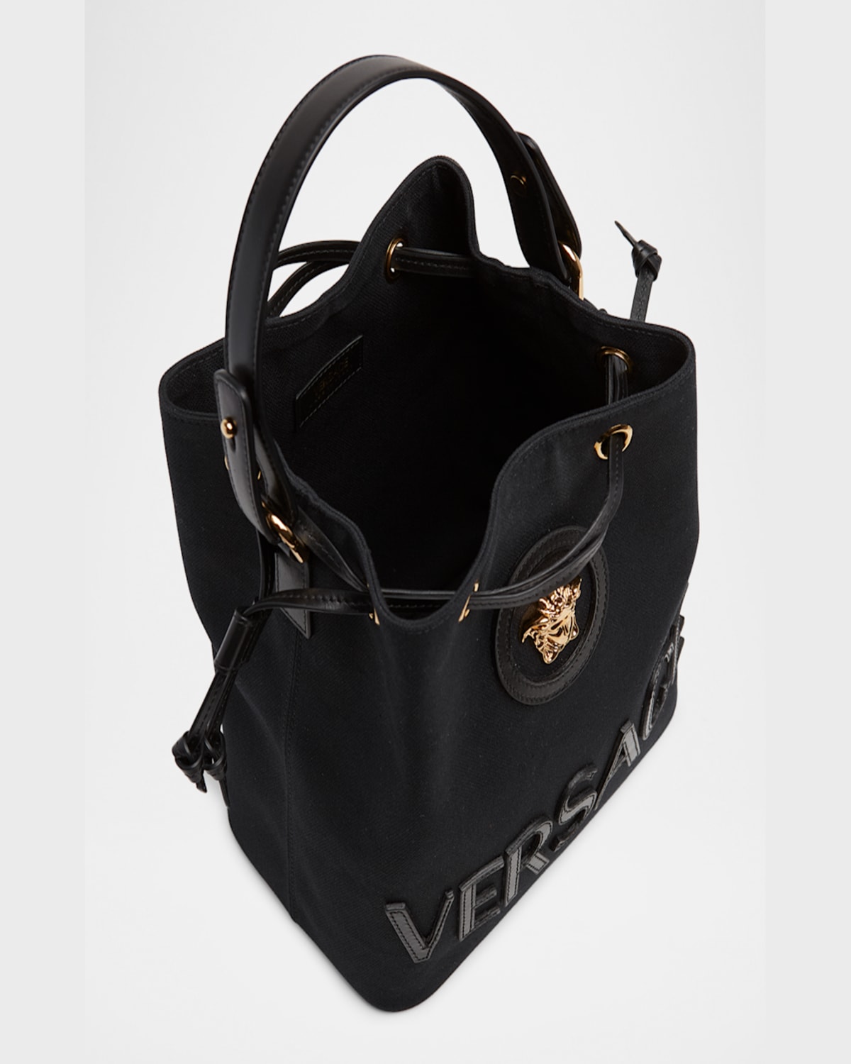 Versace La Medusa Drawstring Canvas Bucket Bag In Black